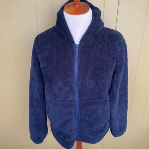 Men XL cotton blend full zip Longsleeve hooded sherpa jacket navy blue